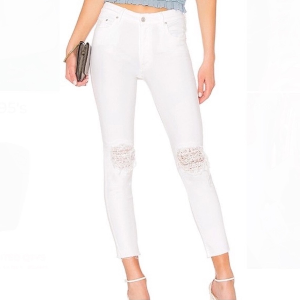 Mother Looker Ankle Fray Distressed Stretch Mid Rise White Denim Size 30